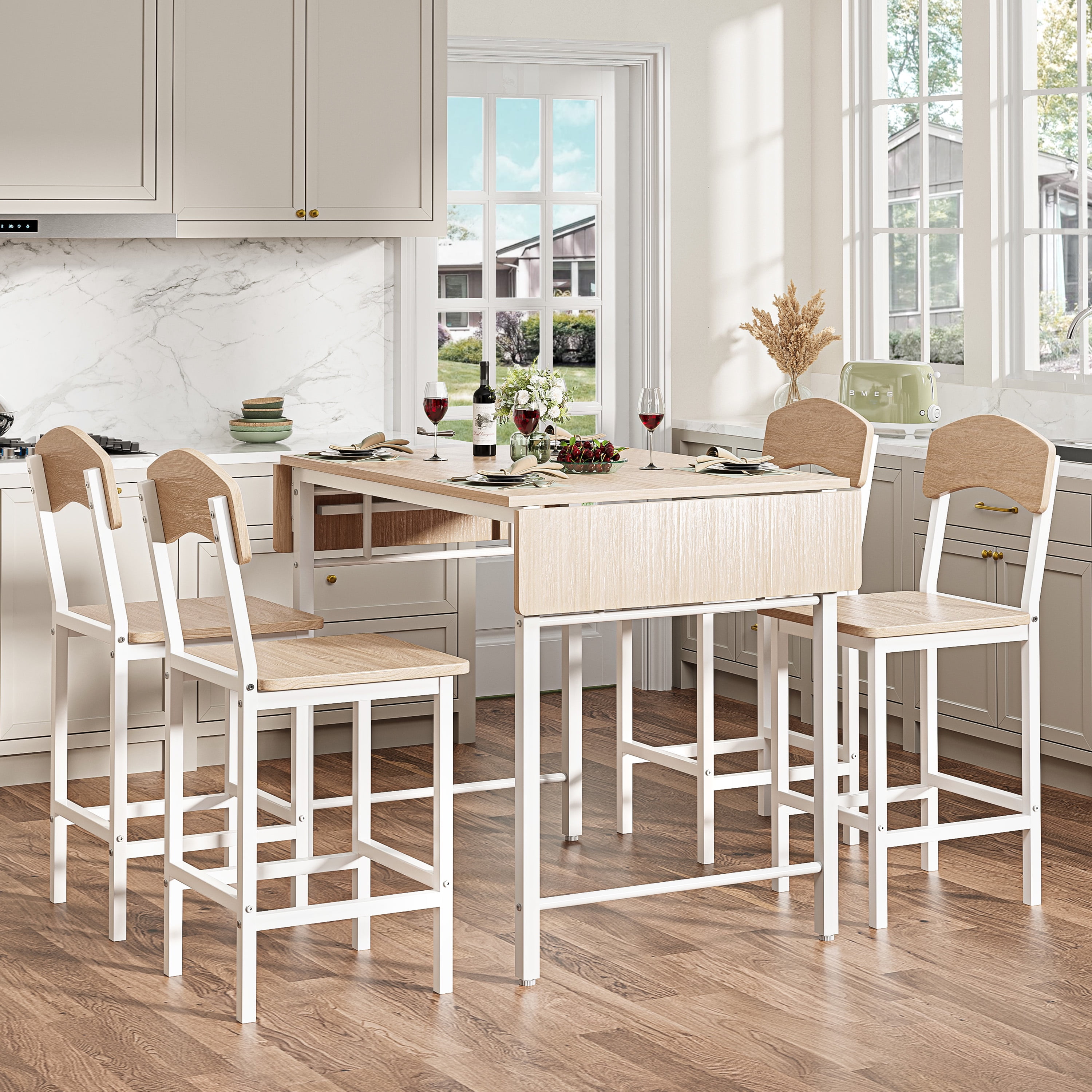Dining Table Set for 4, PAPROOS 5 Piece Dining Set with Chairs, Counter Height Drop Leaf Dinner Table and 4 Stools for Kitchen Dining Room Breakfast Nook, Natural & White