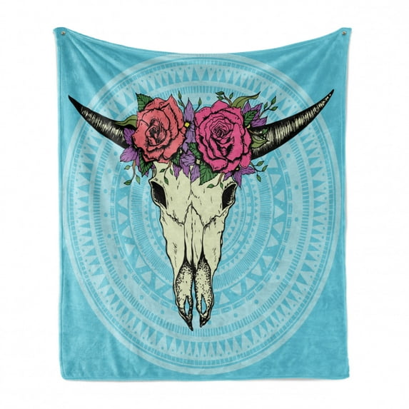 Boho Soft Flannel Fleece Throw Blanket, Skull of Buffalo with Colorful Flowers on Horns and Faded Color Mandala Background, Cozy Plush for Indoor and Outdoor Use, 50" x 60", Multicolor, by Ambesonne