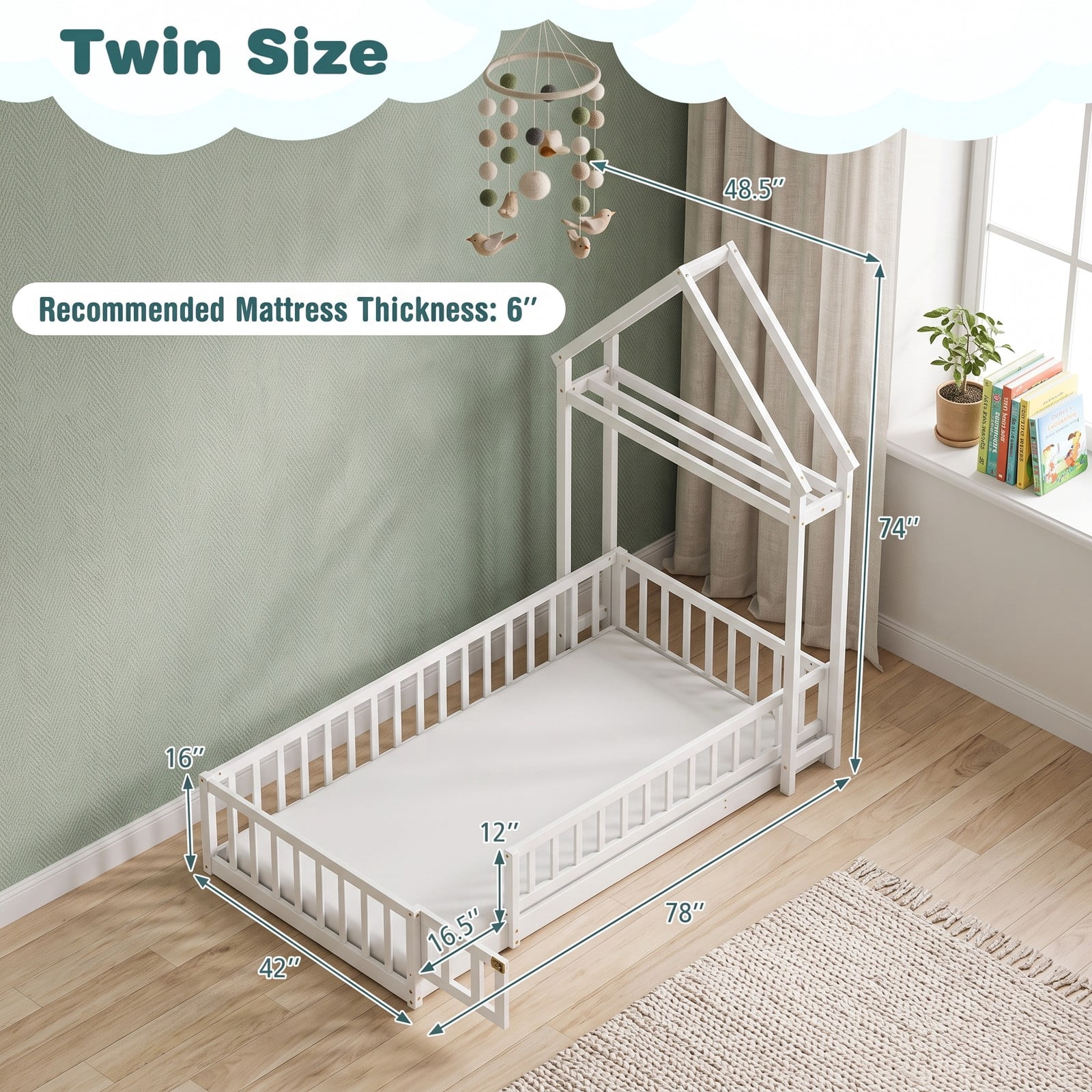 Furnibear Full Size House Floor Bed with House-Shaped Frame and Full-Length Fence Guardrails, Montessori Floor Bed for Kids Room, White