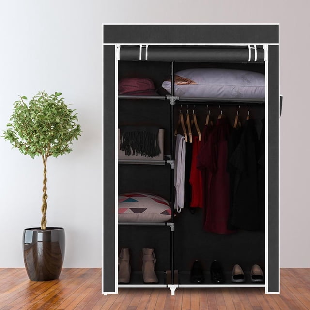 GoDecor 64" Portable Closet Storage Organizer Clothes Wardrobe Shoe Rack Shelves Black