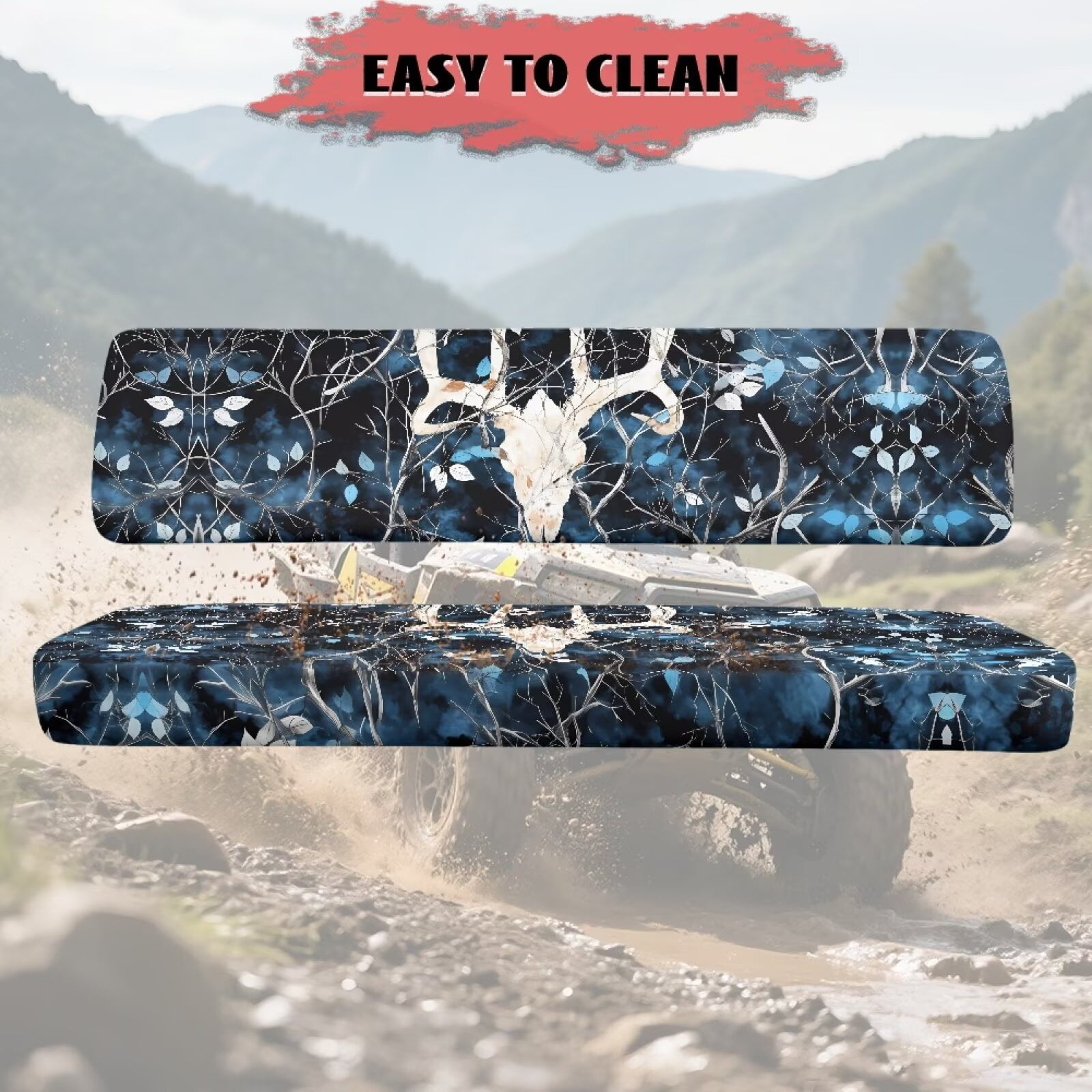 Uorisanigo UTV Seat Cover, Non-Slip Bench Seat Cover with Elastic Band, Dustproof Windproof All Weather Blue Camo Hunting Skull Deer Padded Protector for Kawasaki Mule 3000 3010 3020