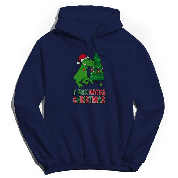 Christmas Holiday Trex Hates Xmas Graphic Navy Men's Cotton Pullover Hoodie