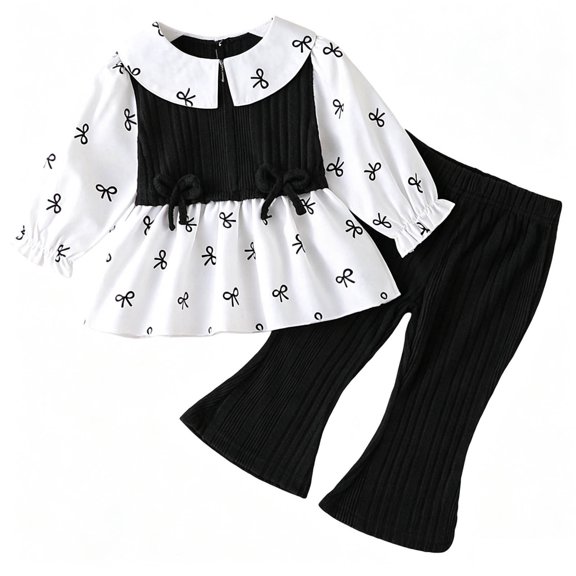 asjyhkr Fall Outfits for Kids Girls 2 Piece Vacation Casual Tops Ribbed Flare Leg Pants Birthday Clothes for Daily Wear(18-24 Months,Black)