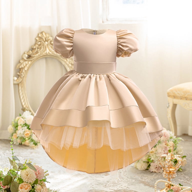 Gelikeya Birthday Dresses for Toddler Girls Puff Sleeve Solid Color Formal Dress Elegant Princess Wedding Guest Dress(Toddlers, Z05-Beige, 6-7 Years)