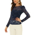 thumbnail image 4 of MODA NOVA Junior's Round Neck Long Sleeve Semi Sheer Floral Lace Blouse Dark Blue XL, 4 of 5