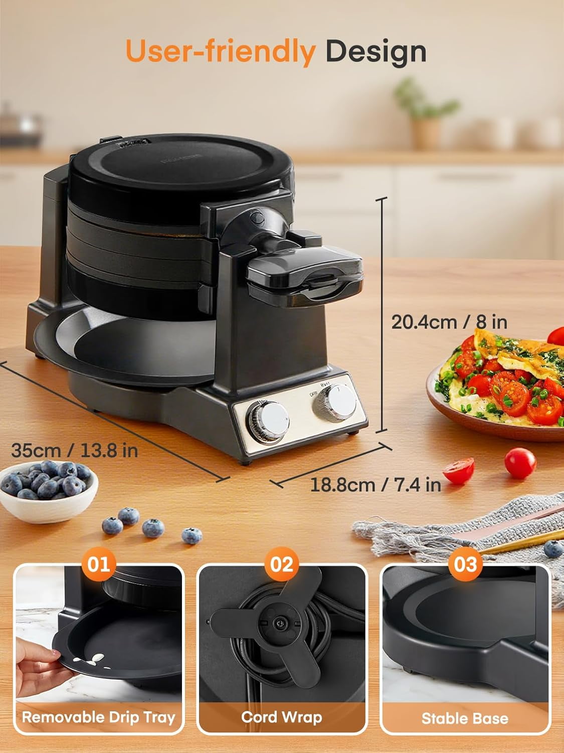 2-in-1 Omelette Maker & Waffle Maker, 1400W Flip Breakfast  with Nonstick Pans for Home Cooking