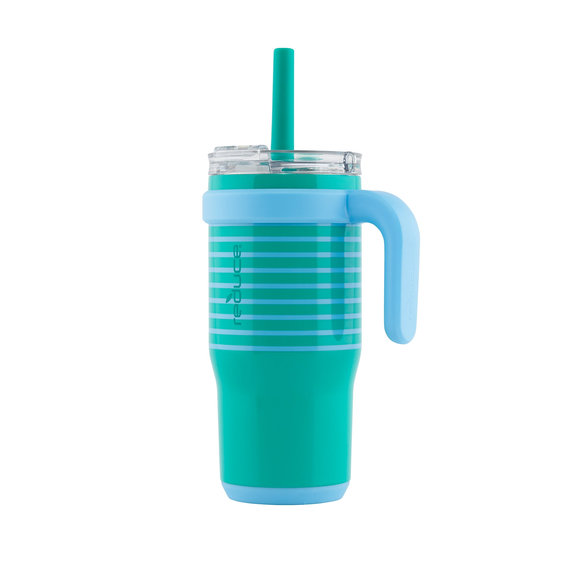 Reduce Vacuum Insulated Stainless Steel Coldee Mug with Lid and SpillProof Straw, Teal Stripes