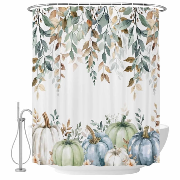 Green Blue Pumpkin Fall Shower Curtain, Waterproof Shower Curtains for Bathroom, Thanksgiving Eucalyptus Leaves Weeping Washable Fabric Bathtub Curtain Set Bath Decor with 12 Hooks Standard 72"x72"