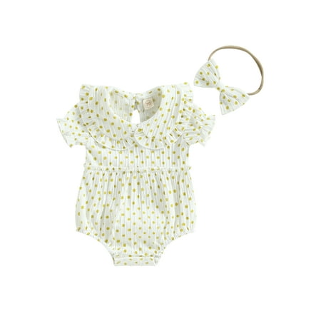 

Newborn Infant Girls Summer Clothes Polka Dot Print Short Sleeve Doll Collar Romper with Headband 2PCS Outfit Sets