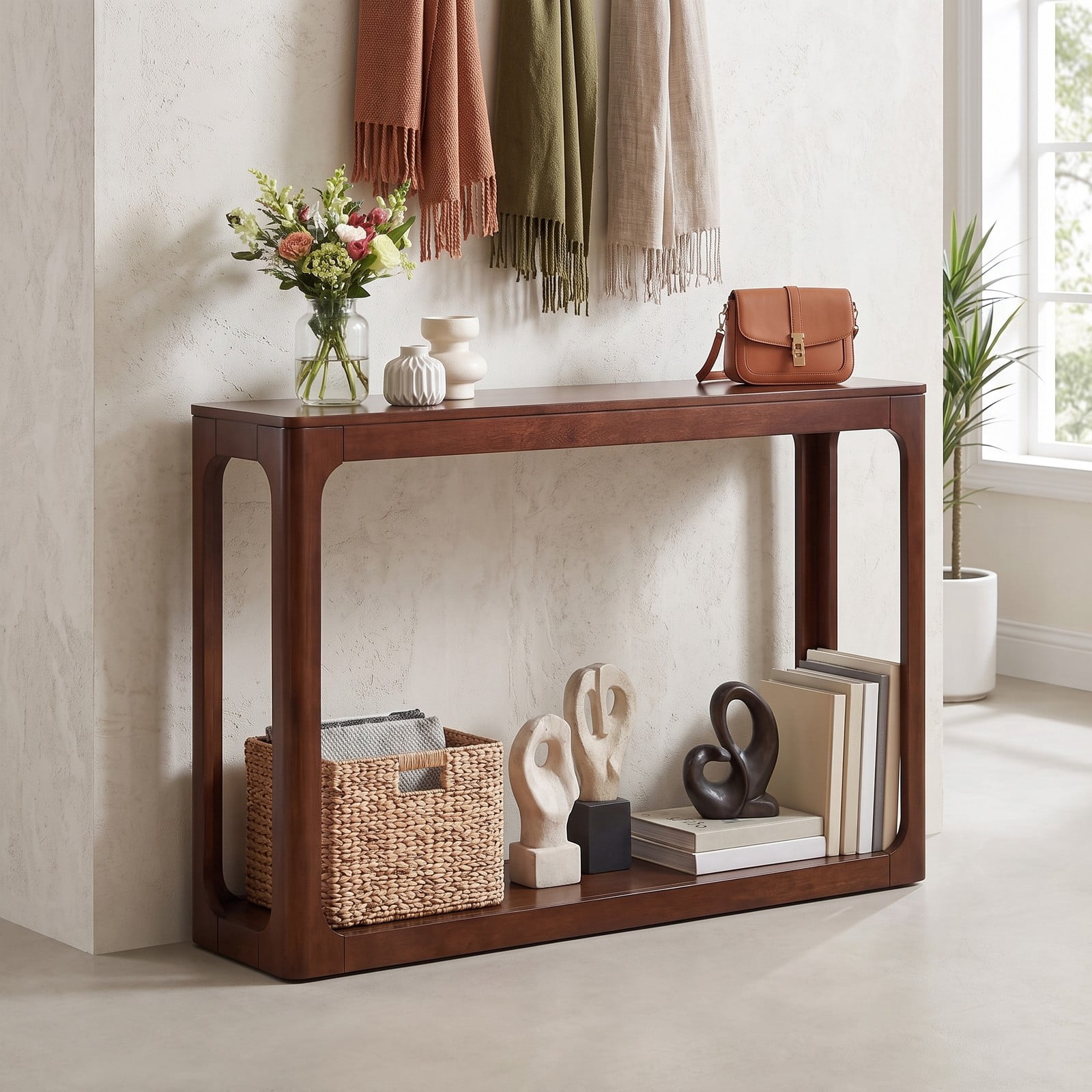 Furnibear 2-Tier Mid Century Wood Console Table with Open Storage Shelf and Solid Rubber Wood Frame for Foyer and Hallway, Brown