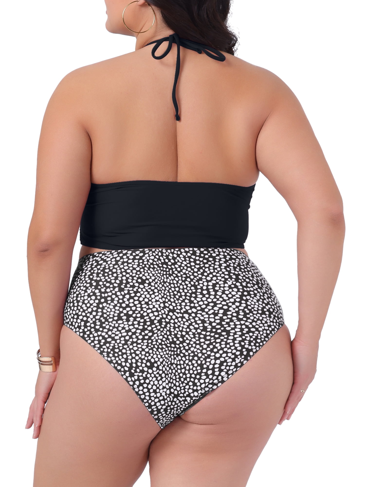 DARING DIVA Plus Size Halter Ruched Bathing Suit Set for Women 4X Black White