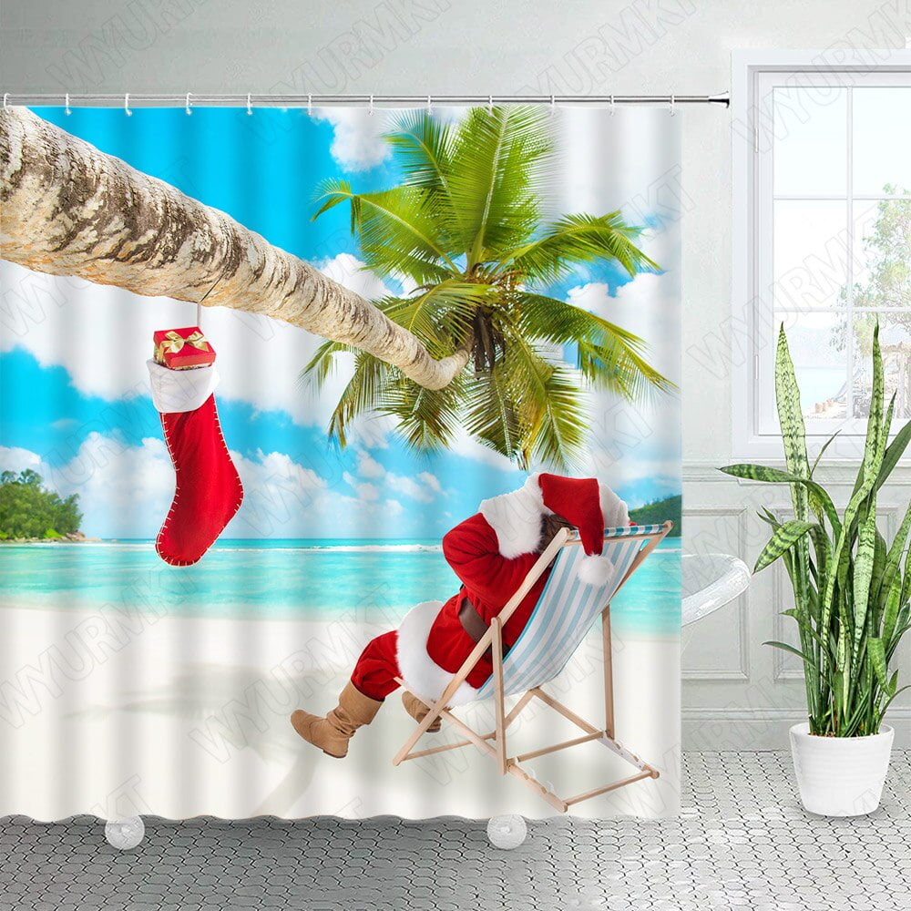 Ocean Beach Christmas Shower Curtains Palm Leaves Xmas Trees Gift