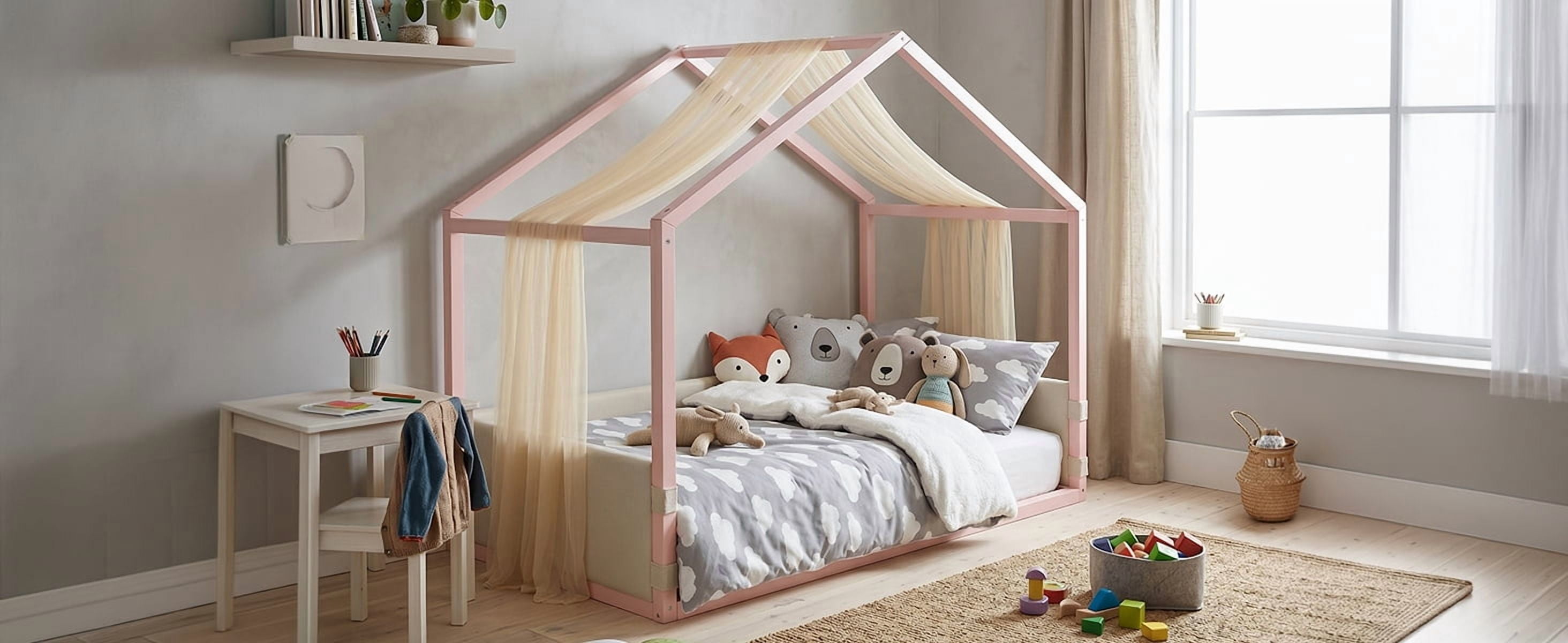 Mintazer Twin Size Montessori House Floor Bed with Breathable Gauze Canopy & Velvet Upholstered Side Guard Panels, Low Platform Kids Playhouse Bed Frame for Bedroom Guest Room, Pink