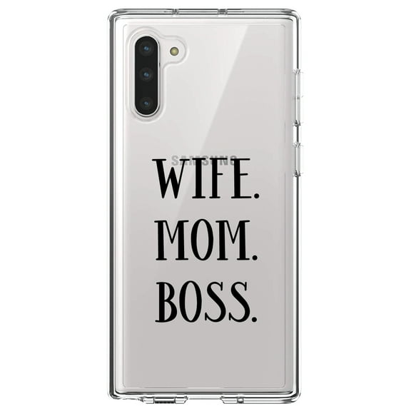 DistinctInk Clear Shockproof Hybrid Case for Samsung Galaxy Note 10 (6.3" Screen) - TPU Bumper Acrylic Back Tempered Glass Screen Protector - Wife. Mom. Boss. (Serif)