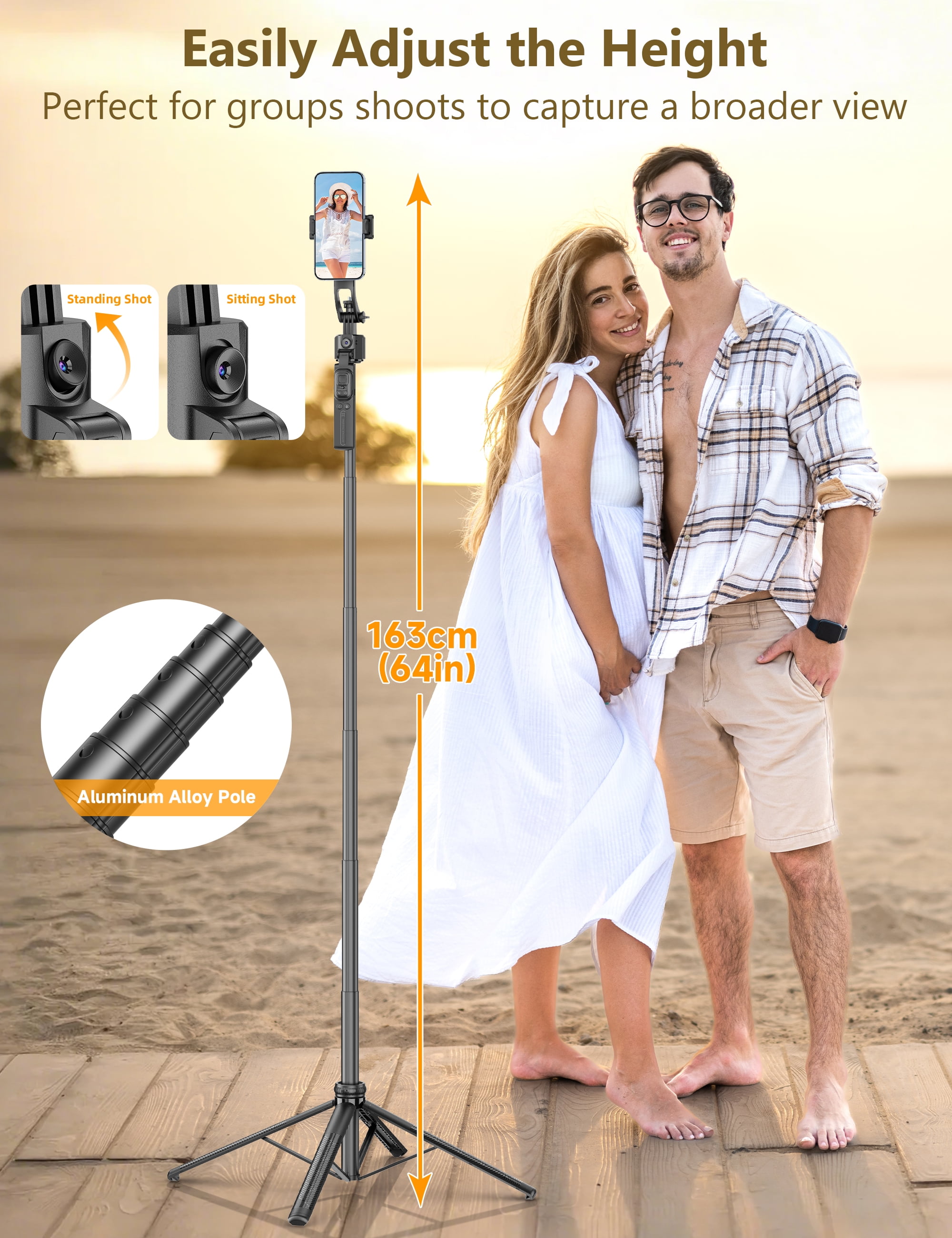 SelfieShow 64'' Auto Face Tracking Tripod 360 Rotation with Stand,Handheld Stabilization, Aluminum Selfie Stick Phone Tripod with Remote & Phone Holder Compatible with iPhone, Android, Camera, GoPro