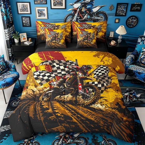 Castle Fairy Grunge Motocross Twin Bedding Sets 7-Piece for Teens, Muddy Track Flags Bedding Comforter Set for Extreme Bedroom, Red Yellow,Black Reversible