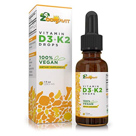 Vegan Vitamin D3 + K2 (MK7) Liquid Drops - 100% Plant Based Liquid Vitamin D Enhanced with Coconut Oil for Max Absorption - 1 Serving = 1000 IU VIT D3 and 200 mcg VIT K2