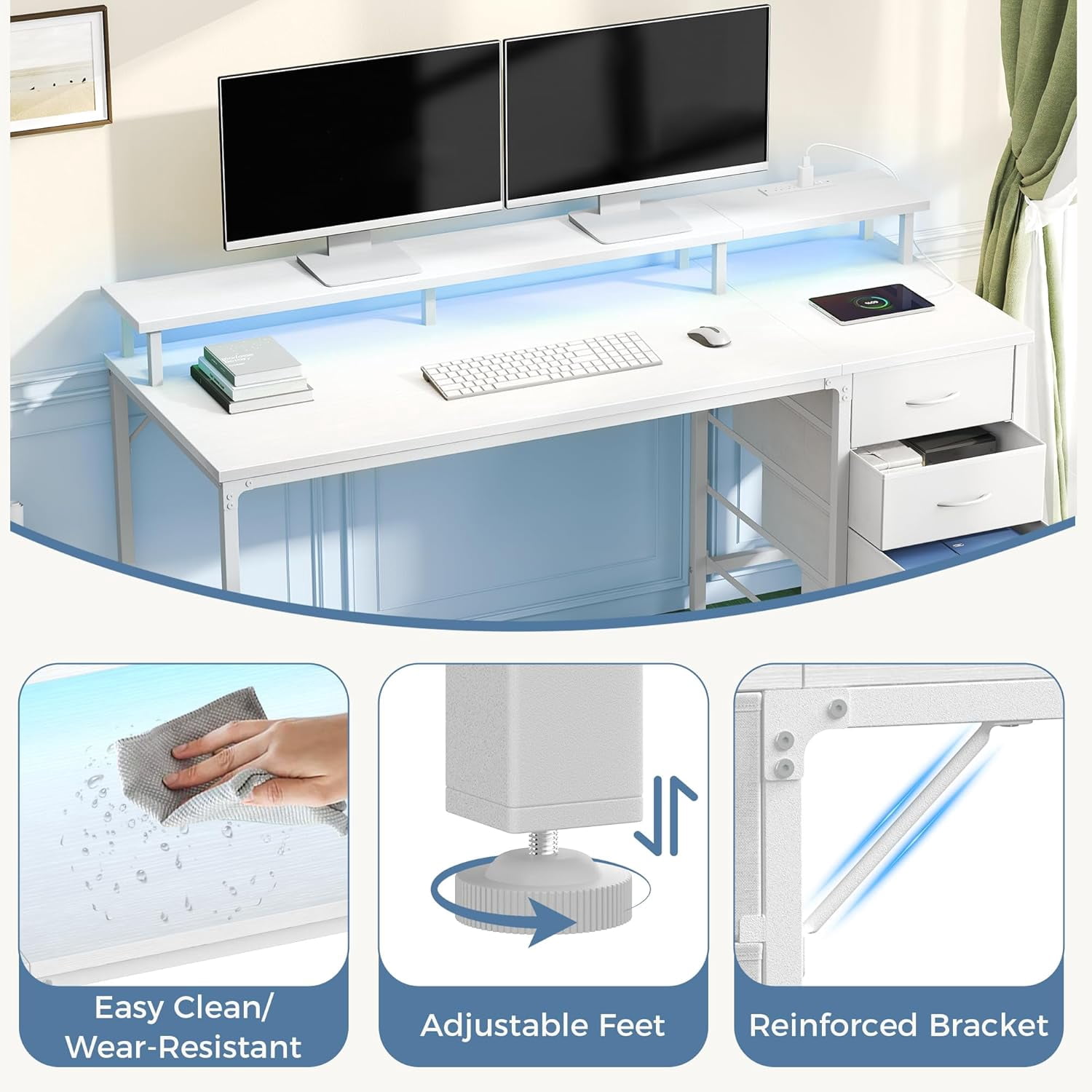 CONCETTA 40 Inch Computer Gaming Desk with 4 Drawers, Power Outlets and LED Lights for Home Small Spaces, White