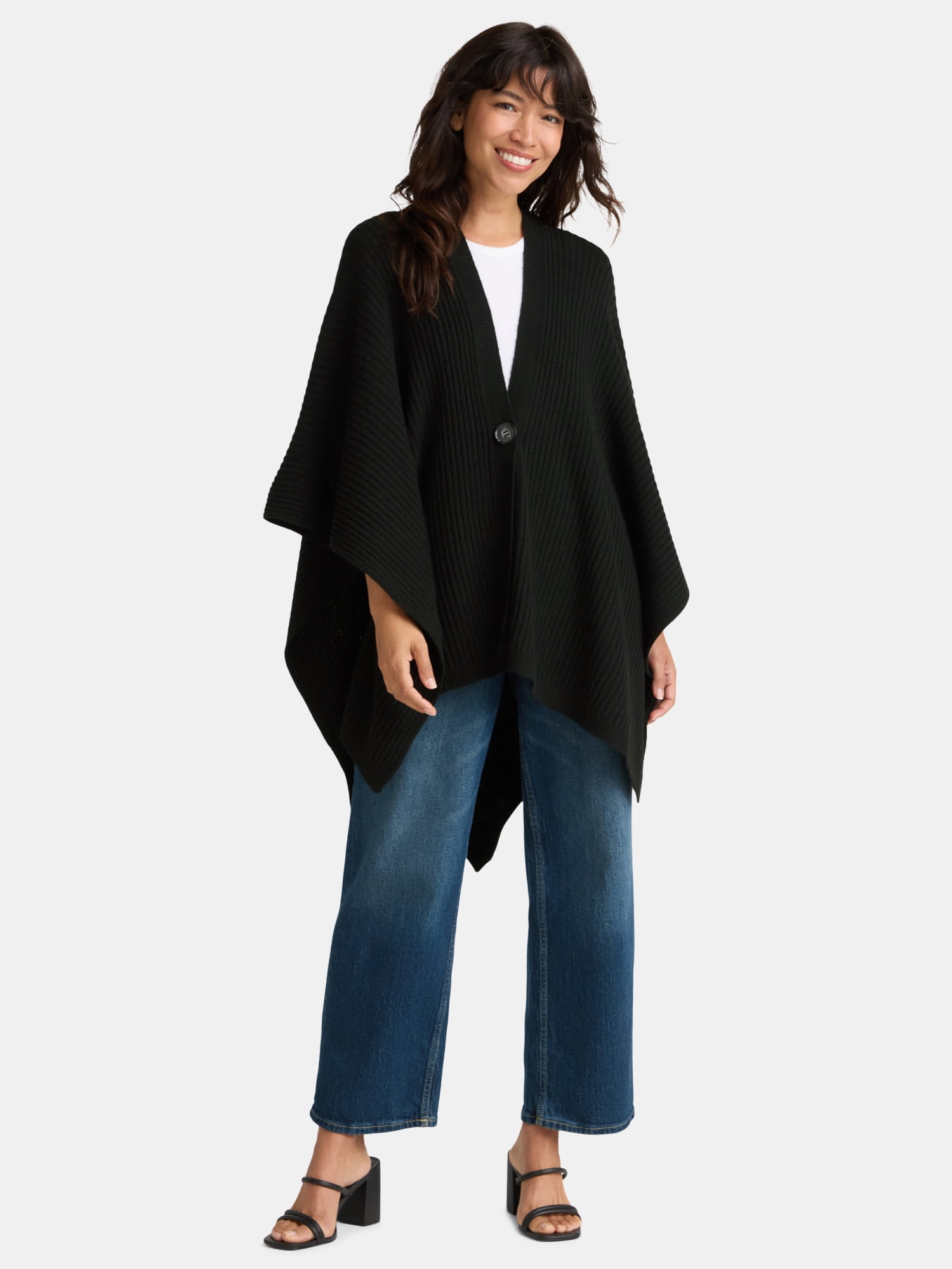 Time and Tru Women's Rib Knit Fashion Coverup with Button, One Size, Black