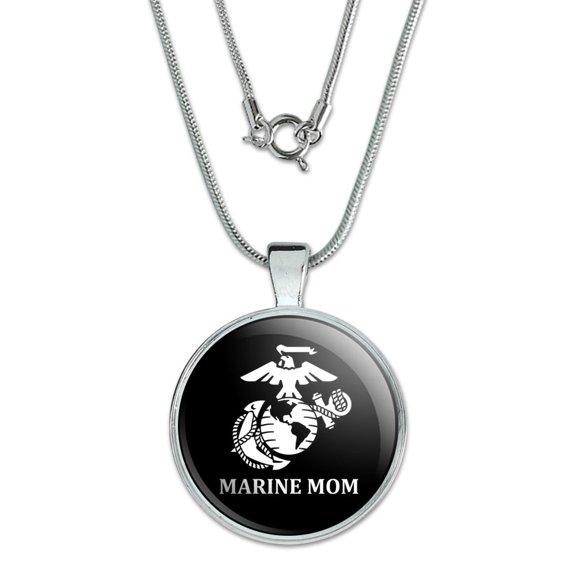 Marine Mom USMC White Logo on Black Officially Licensed 1" Pendant with Sterling Silver Plated Chain
