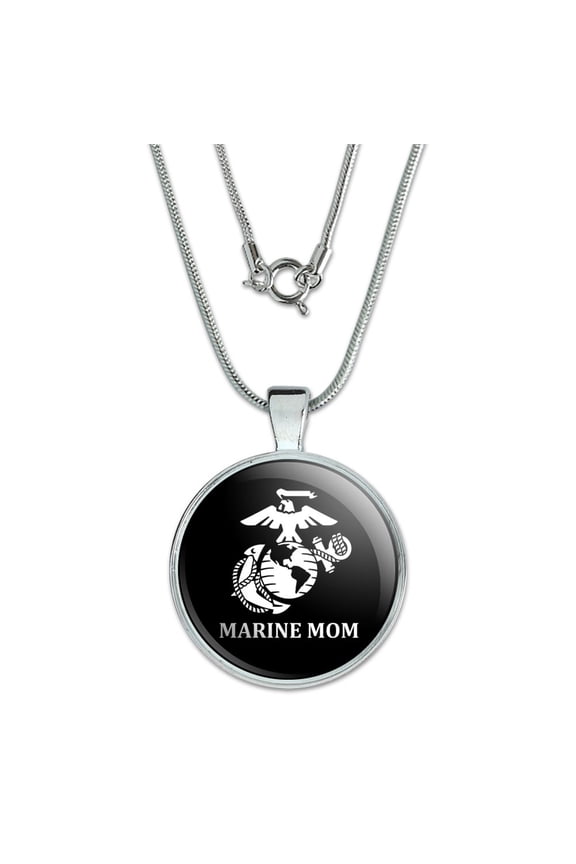 Marine Mom USMC White Logo on Black Officially Licensed 1" Pendant with Sterling Silver Plated Chain