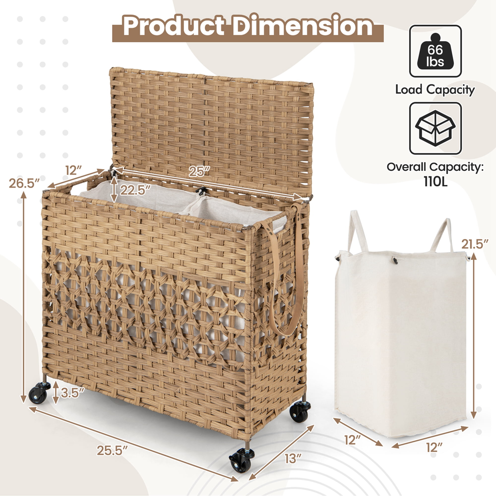 Costway 110L Laundry Hamper with Wheels Clothes Basket Lid & Handle & 2 Liner Bags Natural