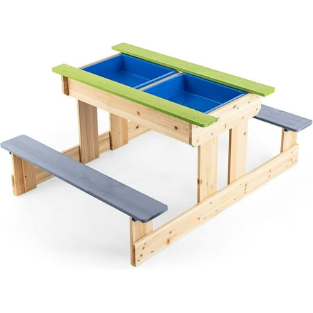 KOTEK Kids Picnic Table for Outdoors, 4 in 1 Wooden Sand and Water Table with Removable Tabletop & 2 Storage Bins, Indoor Activity Sensory Table and Chair Benches Set Art Play Table for Patio & Yard