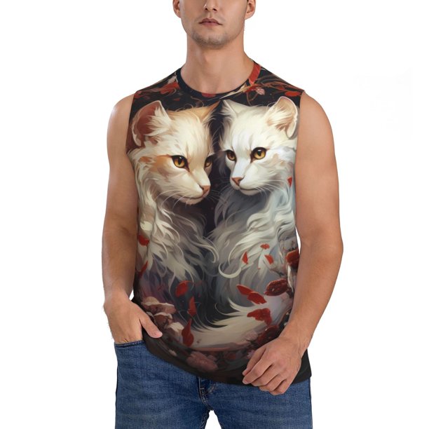 Balery Flower Cat Couple Camisetas sin mangas para hombre, absorbe la humedad y protege contra el mal olor.-X-Large