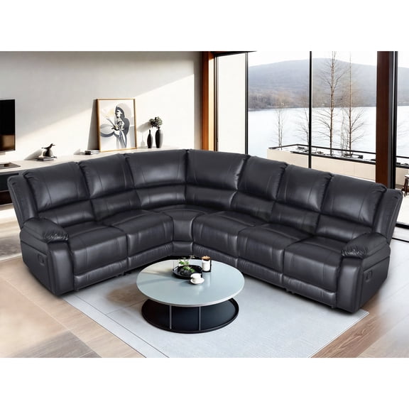 Ellesophas 6-Seat PU Leather Reclining Sectional Sofa Set with Footrest, Wide Padded Armrests, Removable Backrest, Perfect for Living Room & Home Theater, Black