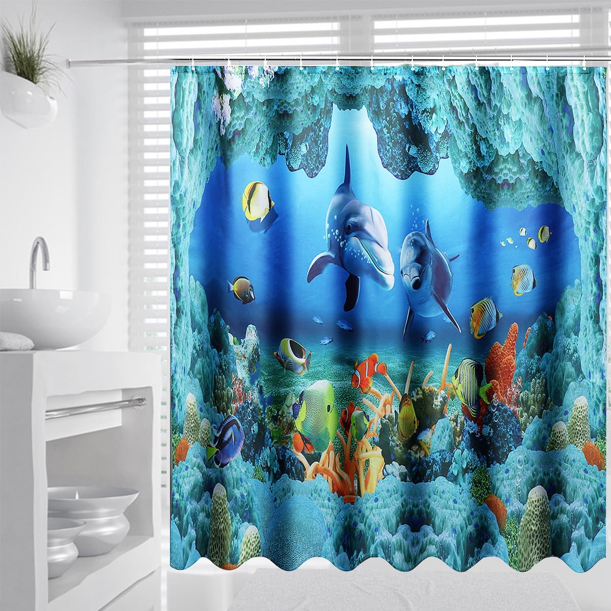 NEW COMMERCIAL PACKAGED 71" x 71" TROPICAL FISH SHOWER CURTAIN WITH HOOKS!!! 