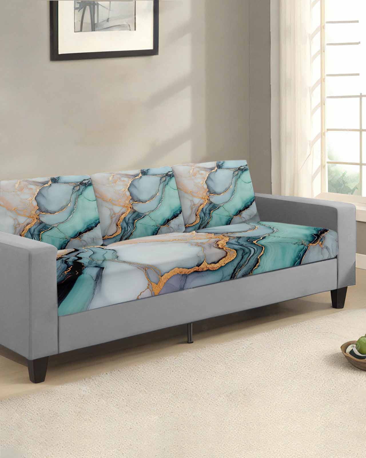 Blue Teal Marble Couch Cushion Covers, Stretch Seat Cushion Covers for Sectional Sofa, Modern Ink Painting Abstract Individual Sofa&nbsp;Slipcovers Furniture Protector with Elastic&Straps Small 1Pcs