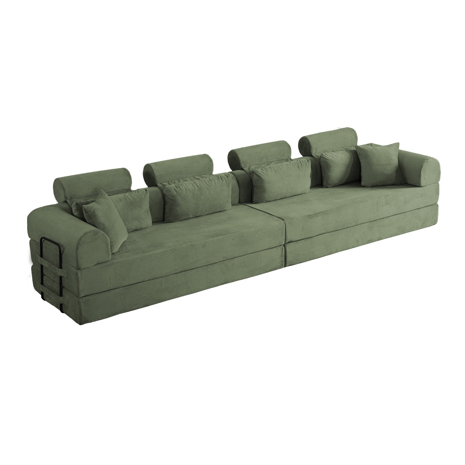 L-Shaped Sectional Sofa Converts to Bed, Corduroy Chaise Lounge with 28D High-Density Foam, No Assembly Compressed Couch for Apartments and Studios, Grayish Green