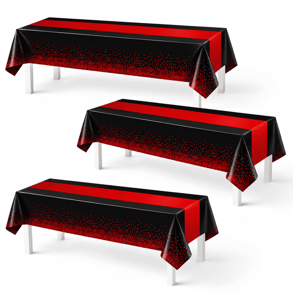 3Pcs Red and Black Plastic Tablecloth Rectangle 54x108 Inch, Printed Red Table Runner Disposable Party Cover for Birthday Wedding Anniversary Decorations