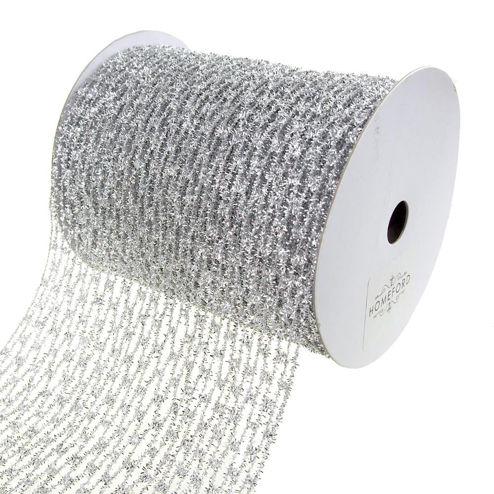 Metallic Tinsel Wired Diamond Netting Mesh Christmas Ribbon, Silver, 6