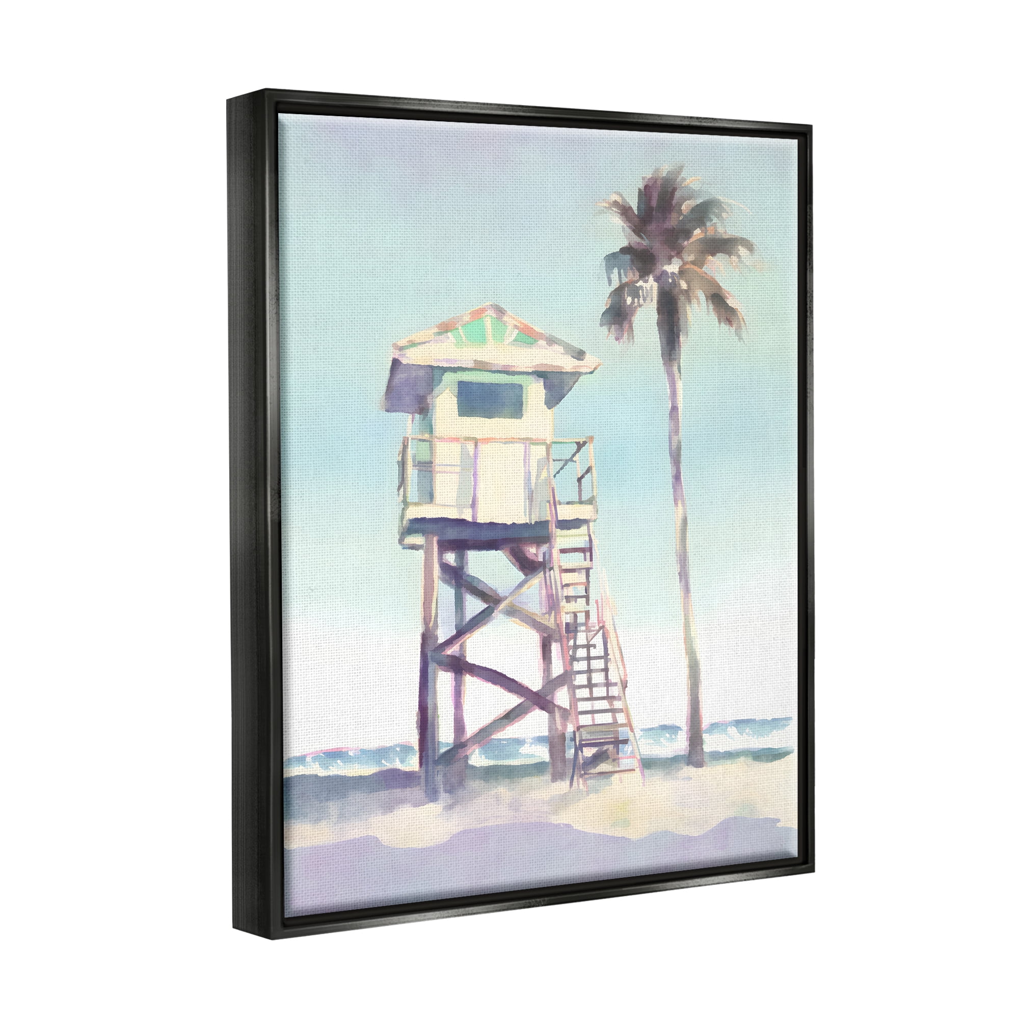 Stupell Industries Muted Beach Hut Landscape Painting Black Floater Framed Canvas Art Print Wall Art, 17 x 21