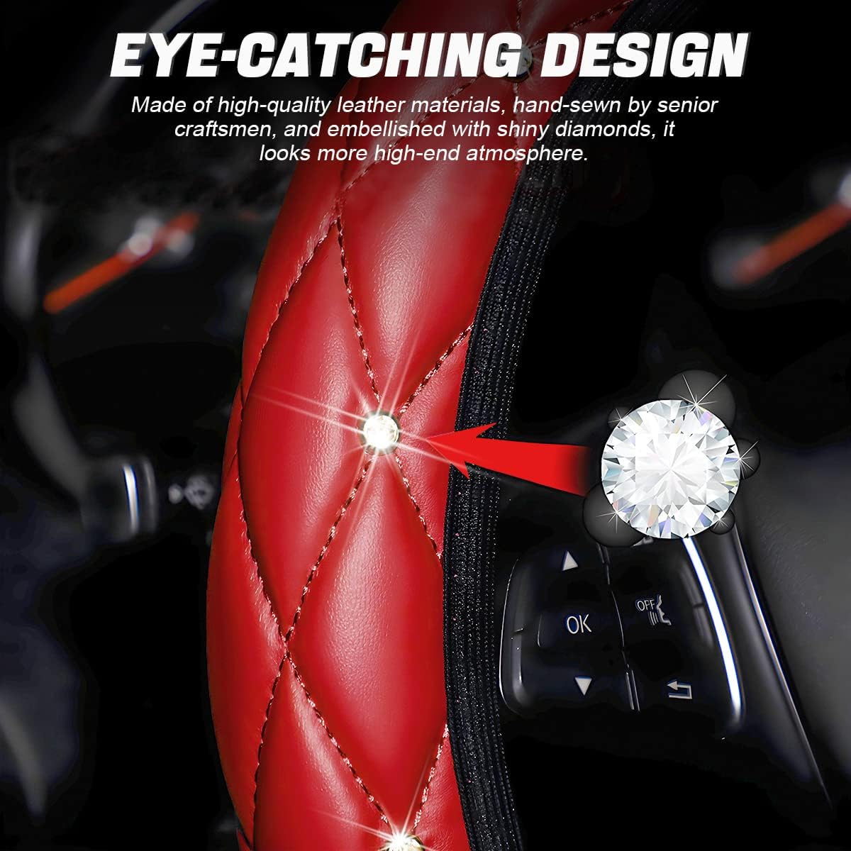 Diamond Soft Leather Steering Wheel Cover, 15 Inch Bling Elastic Steering Wheel Protector with Sparkly Crystal Rhinestones, Auto Accessories Universal for SUV, Truck, Van, Car (Red-1)