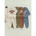 thumbnail image 3 of Caoirhny Baby Toddler Boy Fall Clothes Set 6 12 18 24 Months 2T 3T Letter Embroidery Long Sleeve Sweatshirt Elastic Waist Pants 2 Piece Waffle Outfit, 3 of 9