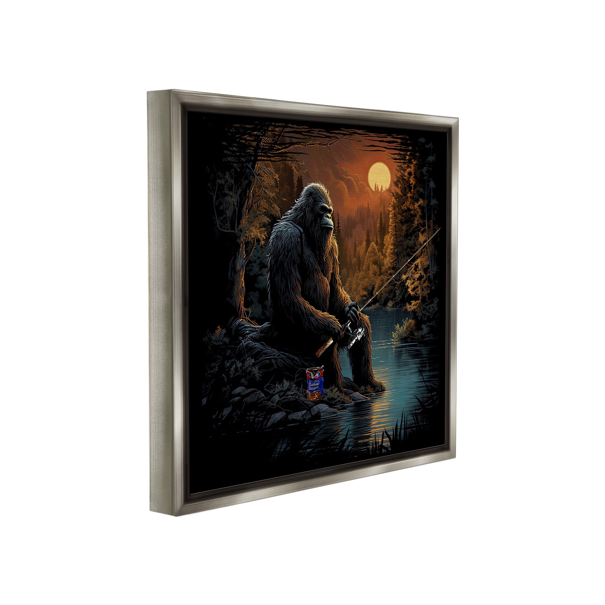 Stupell Industries Monster Fishing at Lake Fairy Tales & Fantasy Painting Gray Floater Framed Canvas Art Print Wall Art, 18 x 18