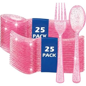 50 Pack Pink Glitter Plastic Silverware Set