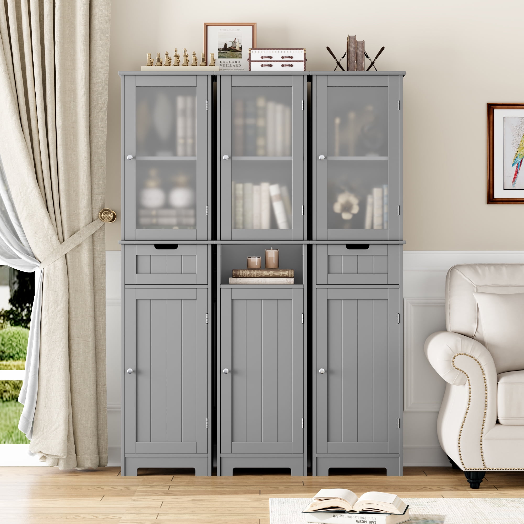 Homfa Bathroom Storage Tower, Narrow Linen Cabinet with Door and Drawers, Tall Bathroom Storage Cabinet for Small Spaces, Gray