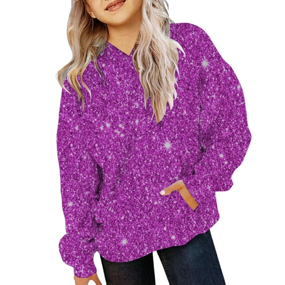Mercatoo Teen Girls 𝐒parkle Hoodies Cute Sequins Cotton Glitter Pullover Sweatshirts with Pockets Kids Oversized Soft Clothes