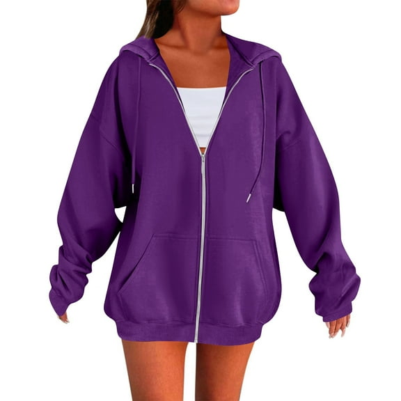 Dwellite Women's Zip Up Hoodies Oversized Fleece Long Sleeve Sweatshirts Casual Fall Jacket Coat with Pockets Dark Purple L