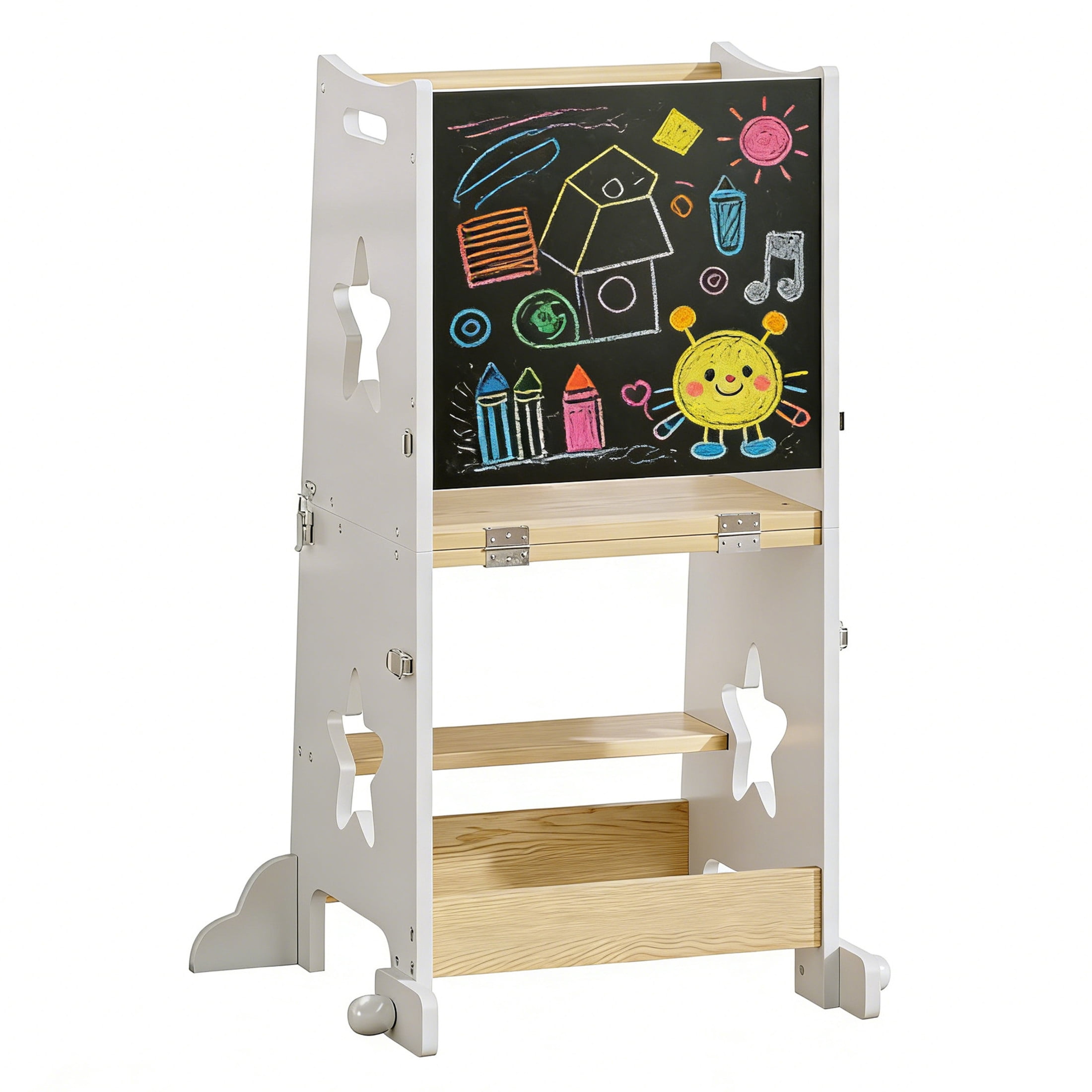 Noble House 3-in-1 Toddler Kitchen Step Stool with Blackboard and Convertible Table & Chair Set, Learning Tower, White