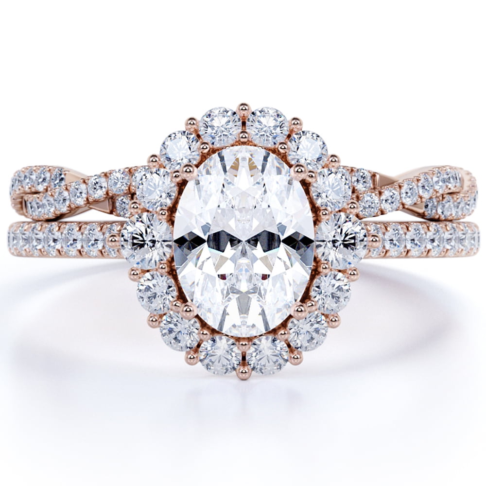 JeenMata 1.5 Carat Oval Cut Moissanite Wedding Set with Infinity Band in 18k Rose Gold Over Silver