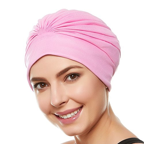 Beemo Bonnet de Bain pour Femmes Turban Doublé en Polyester Latex Plissé pour Femmes et Filles Cheveux Longs/courts - Rose Pâle