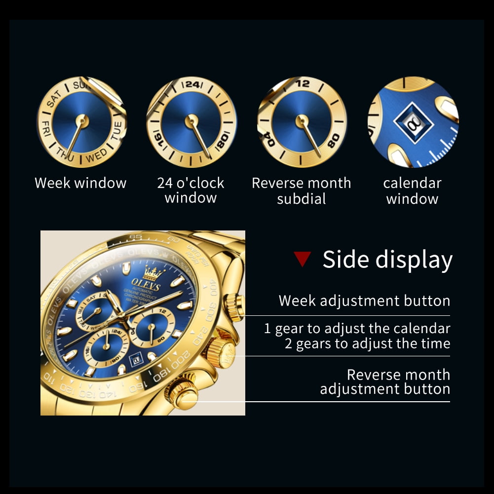 OLEVS Automatic Watches for Men Self Winding Chronograph Mechanical Luxury Dress Stainless Steel Calendar Date Waterproof Luminous Mens Wrist Watches Gift Reloj Para Hombre Gold/Black/Blue/Green Dial