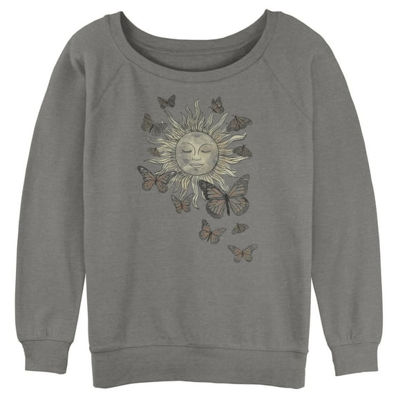 Junior's Lost Gods Monarch Butterfly Sun  Sweatshirt Gray Heather 2X Large