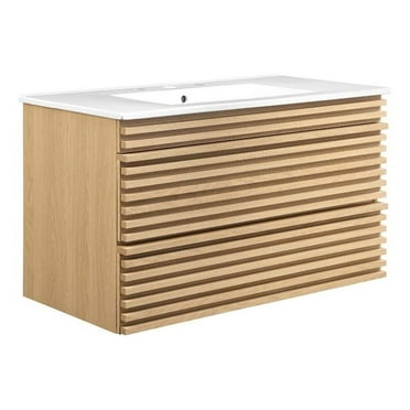 Modway Render 36" MDF Wood Wall-Mount Bathroom Vanity in Oak/White