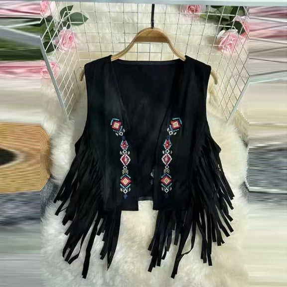 Yaoyar Women's Fringe Vest Embroidered Ethnic Style Faux Suede Cardigan Sleeveless Tassel Jacket