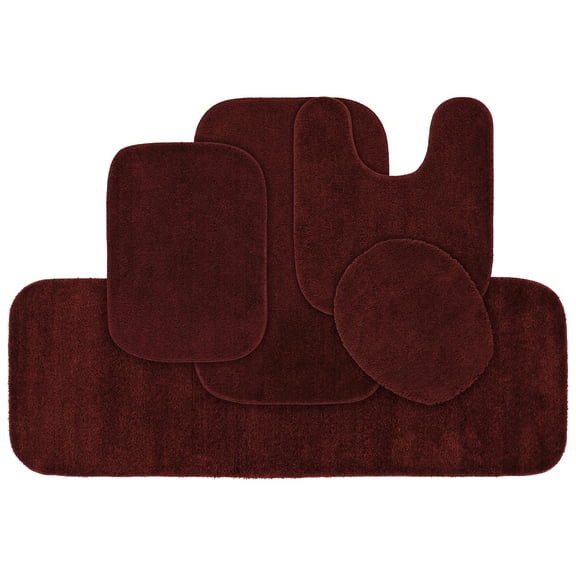 Garland Rug Traditional Washable Bath Rug Set, 5 Piece Set (2 Bath Rugs, Contour, Lid, & Runner) Chili Red
